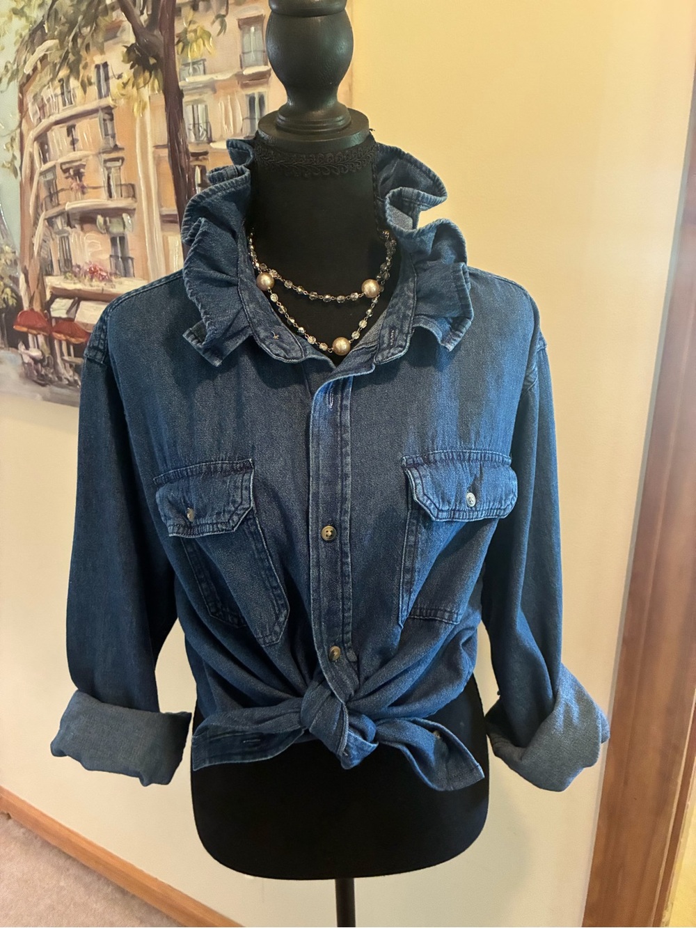 Women’s Ruffled Collar Denim shirt - Blue